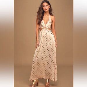 Lulus Bel Air Babe Beige & Gold Print Backless Halter Midi Dress Size M